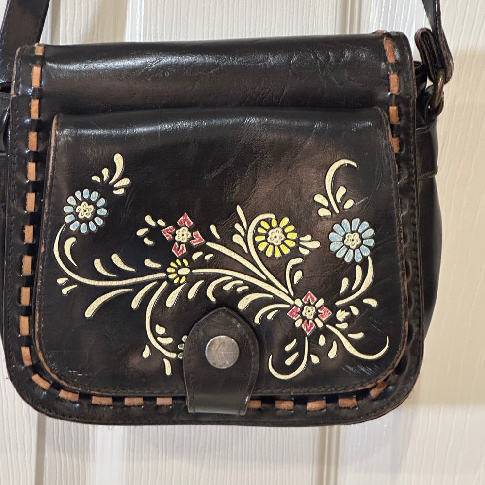 Vintage Boho Floral Hand Painted Crossbody Bag Brown Whipstitch Saddle Purse